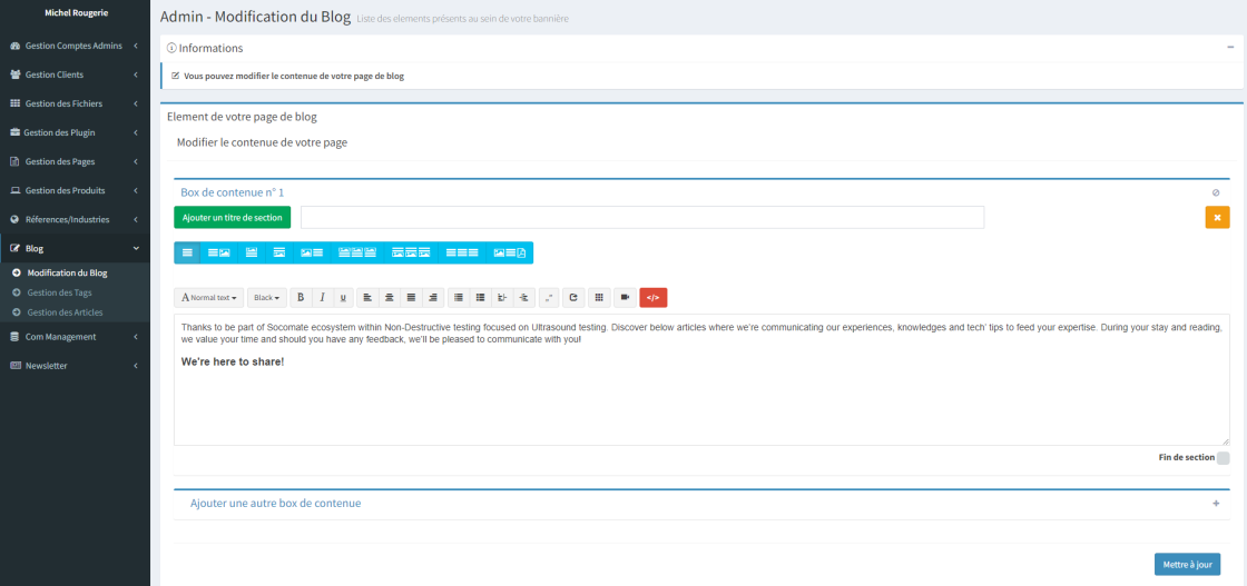 Interface d'administration WYSIWYG sous Laravel pour la gestion du contenu de la page d'accueil du blog.