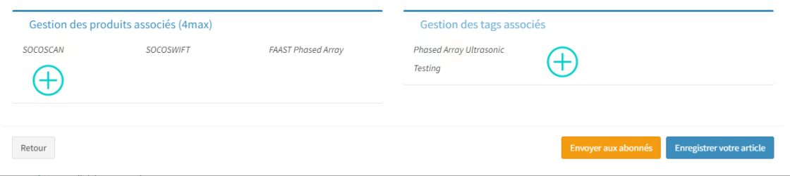 Interface Laravel permettant la sélection de tags et de produits pour l'association à un nouvel article de blog.