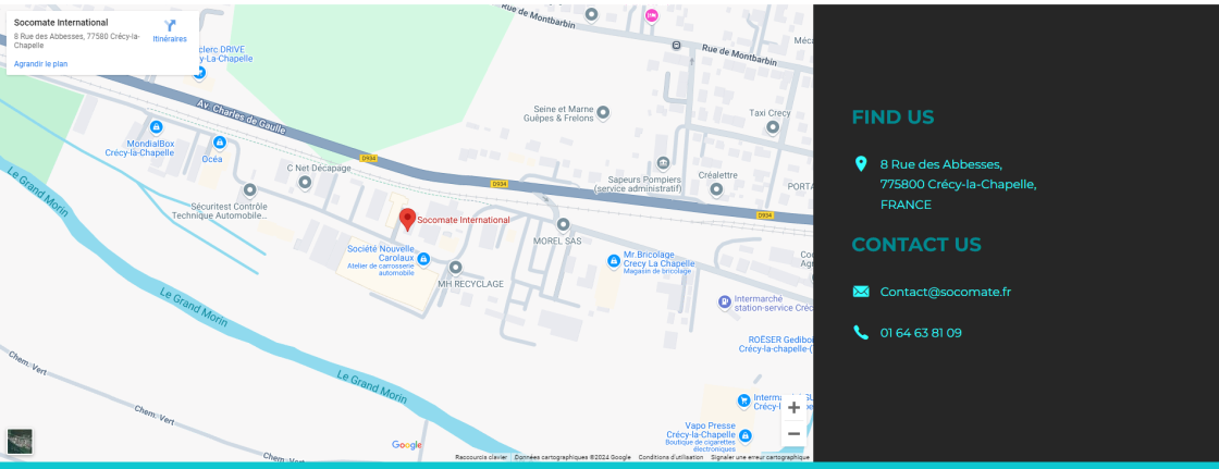 Présentation de l'adresse et du numéro de téléphone de Socomate avec une carte Google Maps intégrée.