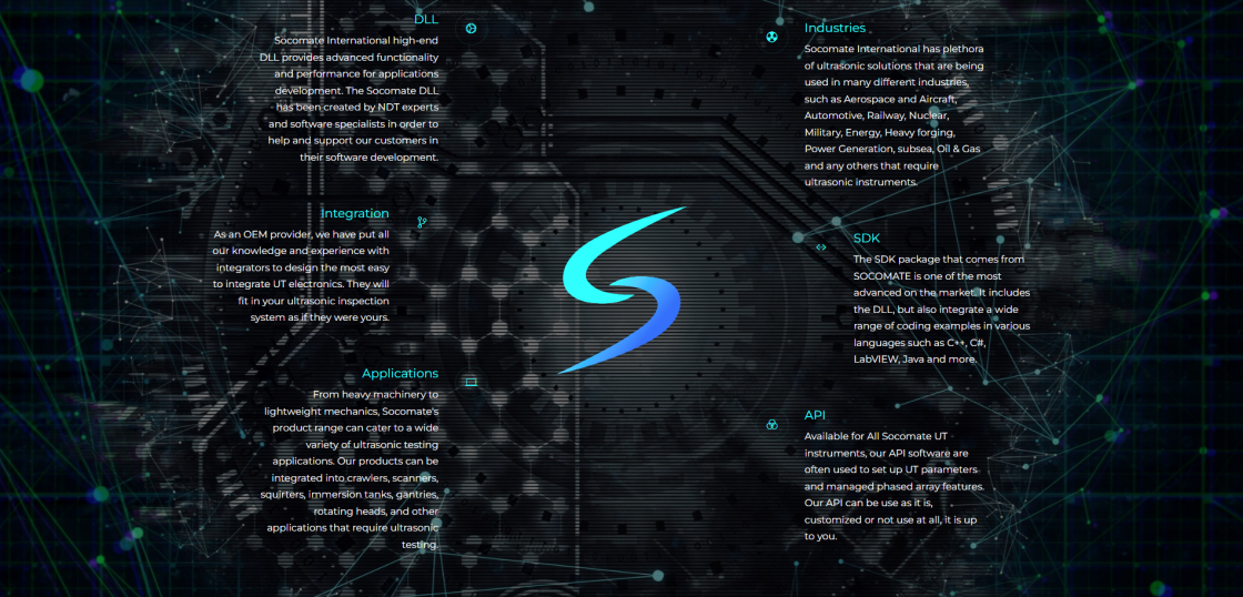 Bannière présentant six technologies autour du logo Socomate, avec une image de fond servant de transition visuelle.