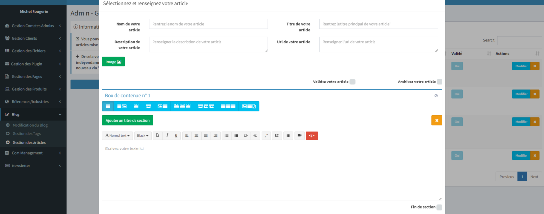 Page d'administration d'un blog Laravel montrant l'interface de gestion des articles avec options d'ajout, modification et suppression.