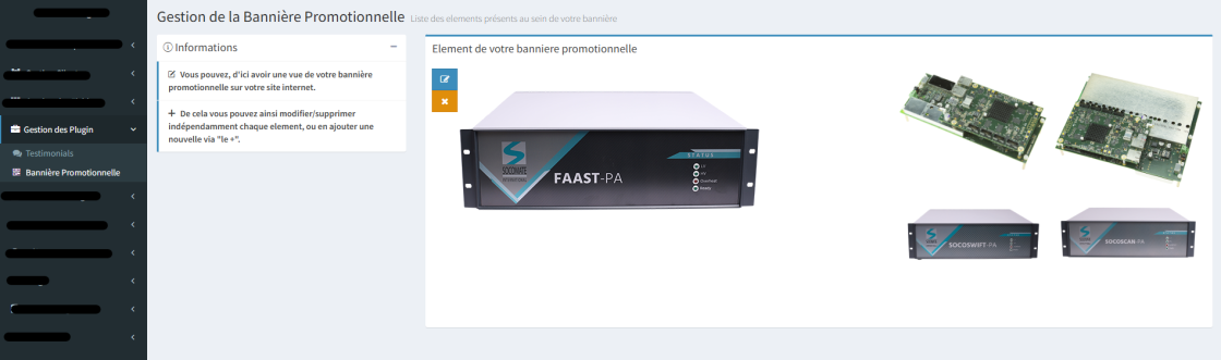 Capture d'écran de l'interface d'administration personnalisée de Socomate, permettant de gérer les produits présentés dans la bannière promotionnelle.