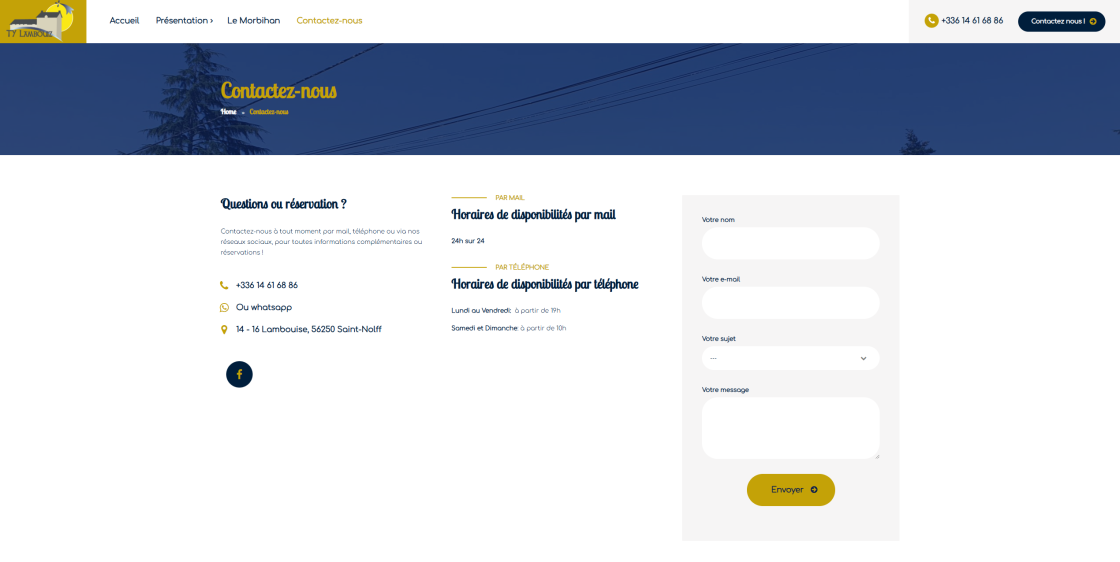 Page de contact du site Ty Lambouiz : formulaire de contact, coordonnées et horaires pour organiser votre séjour dans le Morbihan.