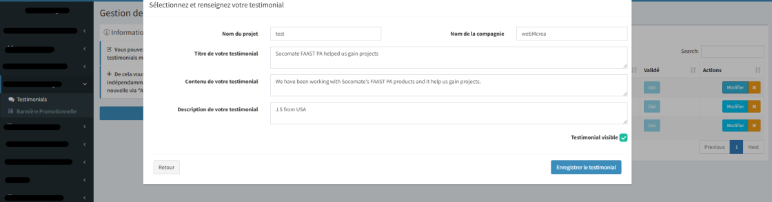 Capture d'écran de l'interface d'administration personnalisée de Socomate, permettant d'ajouter et de modifier les témoignages clients.