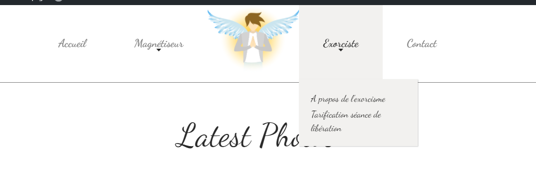 Capture d'écran du design final du site web Wordpress, avec le logo centré, le menu principal équilibré et le menu déroulant. On peut également voir la typographie utilisée sur le site.