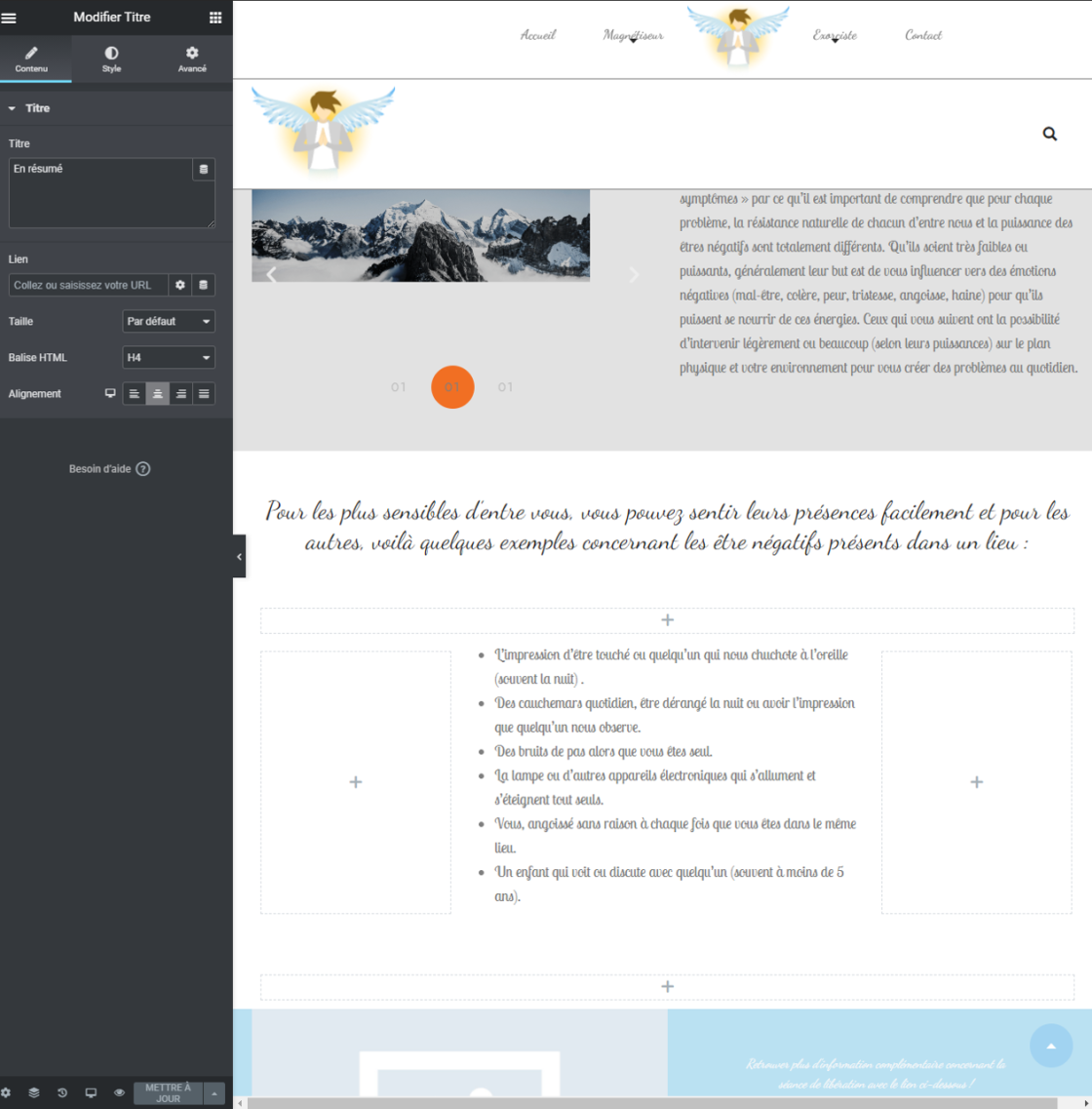 Capture d'écran de l'éditeur Wordpress avec le thème personnalisé et le page builder Elementor pour le site Libredetresoi.fr. On y voit les différents blocs de contenu et les options de personnalisation.